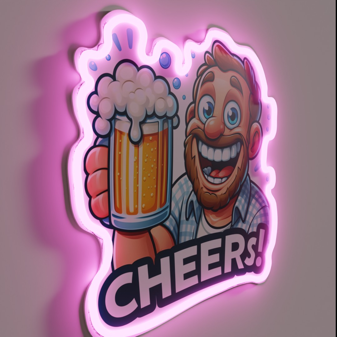 Neon bar decor with colorful glowing beer toast design.