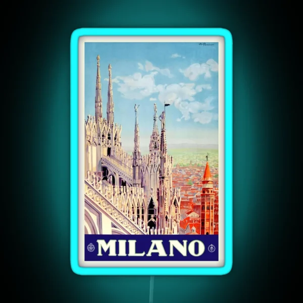 1930 Milan Cathedral Italy Travel Poster RGB Neon Sign