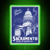 Vintage-inspired blue and white neon sign with bold Sacramento vibes