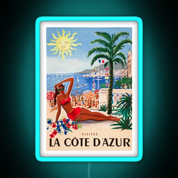 1955 France Visit La Cote D Azur Travel Poster RGB Neon Sign