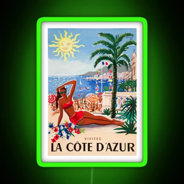 1955 France Visit La Cote D Azur Travel Poster RGB Neon Sign