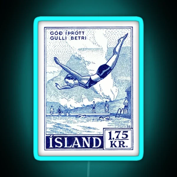 1955 ICELAND Water Sports Postage Stamp RGB Neon Sign