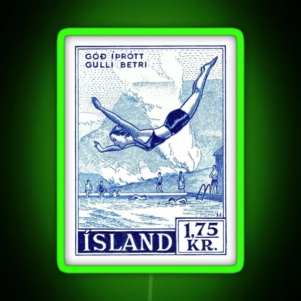 1955 ICELAND Water Sports Postage Stamp RGB Neon Sign