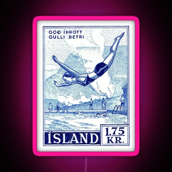 1955 ICELAND Water Sports Postage Stamp RGB Neon Sign
