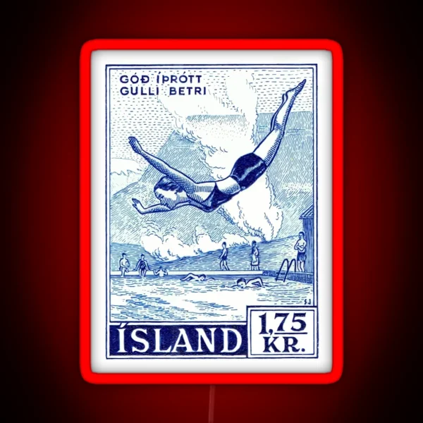 1955 ICELAND Water Sports Postage Stamp RGB Neon Sign