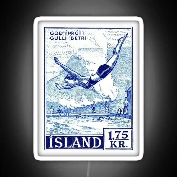 1955 ICELAND Water Sports Postage Stamp RGB Neon Sign