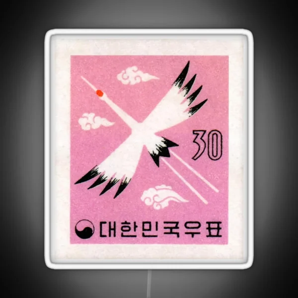 1960 KOREA Red Crowned Crane Postage Stamp RGB Neon Sign