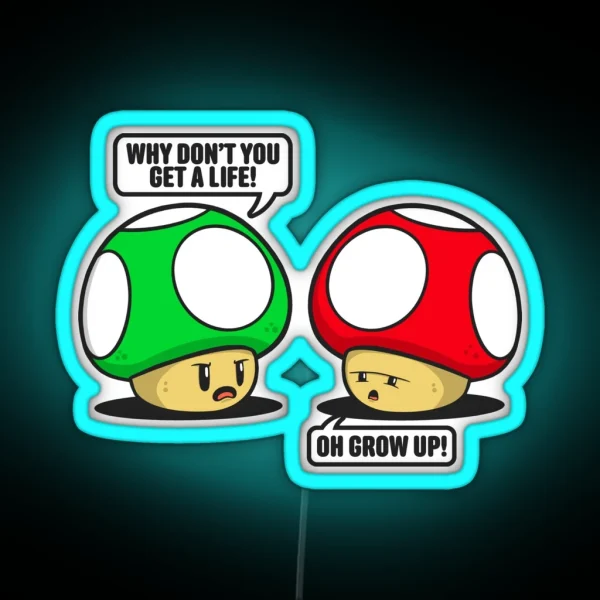 1UP Mushroom And Super Mushroom Funny Video Game Pun RGB Neon Sign