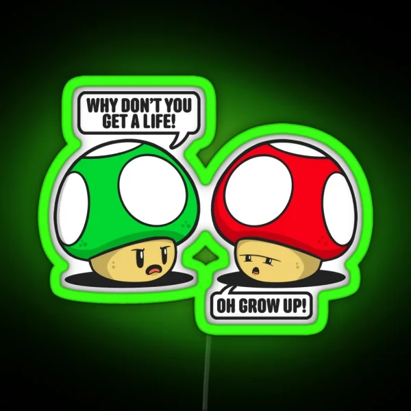 1UP Mushroom And Super Mushroom Funny Video Game Pun RGB Neon Sign