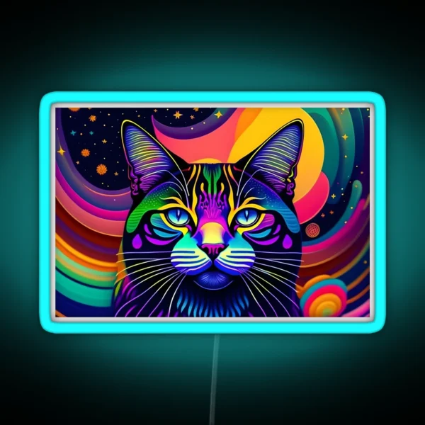 2d Symmetrical Portrait Of A Colorful Psychedelic Cat RGB Neon Sign