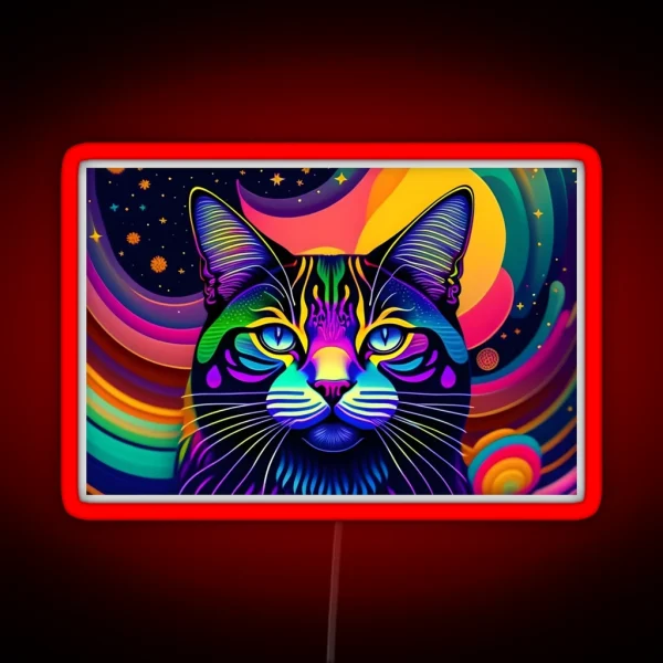 2d Symmetrical Portrait Of A Colorful Psychedelic Cat RGB Neon Sign