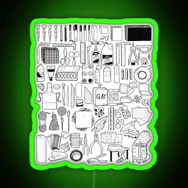 85 Art Supply Doodles In Black RGB Neon Sign