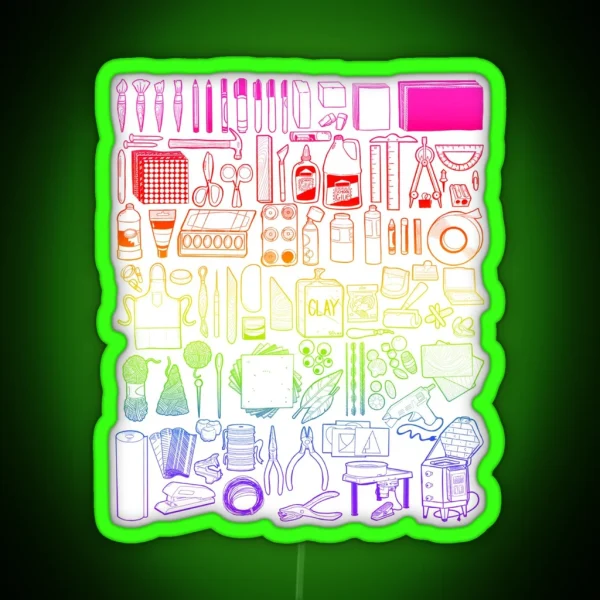 85 Art Supply Doodles In Rainbow RGB Neon Sign