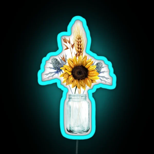 A Bouquet Of Sunflower And Herbs In A Mason Jar RGB Neon Sign