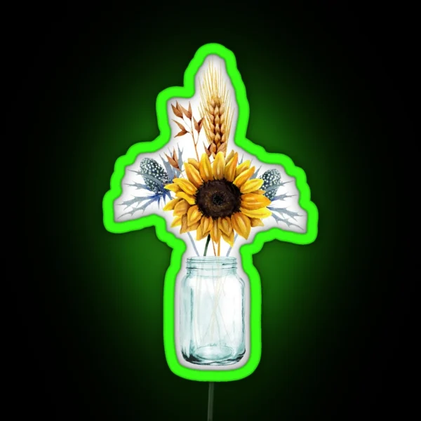 A Bouquet Of Sunflower And Herbs In A Mason Jar RGB Neon Sign