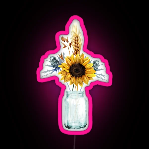 A Bouquet Of Sunflower And Herbs In A Mason Jar RGB Neon Sign