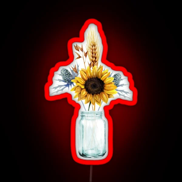 A Bouquet Of Sunflower And Herbs In A Mason Jar RGB Neon Sign