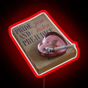 A Burning Cigarette On A Pink Heart Shaped Ashtray Pride And Prejudice Book RGB Neon Sign