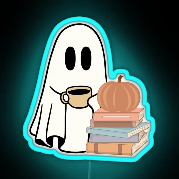 A Ghost With Books And A Pumpkin RGB Neon Sign