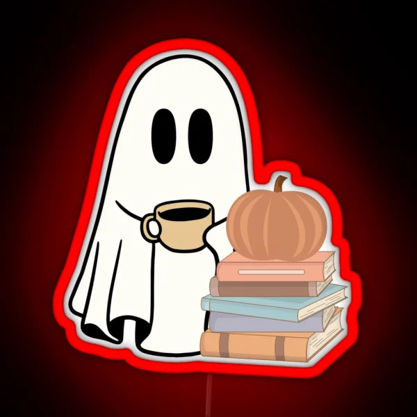 A Ghost With Books And A Pumpkin RGB Neon Sign