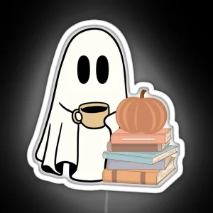 A Ghost With Books And A Pumpkin RGB Neon Sign