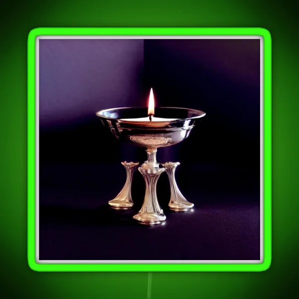A Lit Candle In A Silver Bowl On A Table RGB Neon Sign