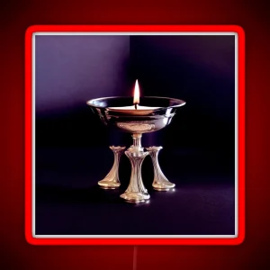 A Lit Candle In A Silver Bowl On A Table RGB Neon Sign