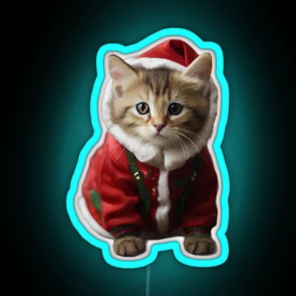 A Little Cat Wearing Papa Noel Hat In A Christmas Outfit RGB Neon Sign