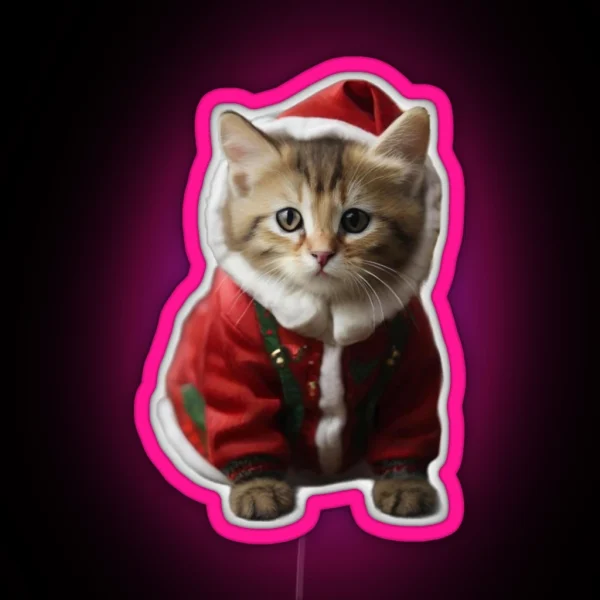 A Little Cat Wearing Papa Noel Hat In A Christmas Outfit RGB Neon Sign