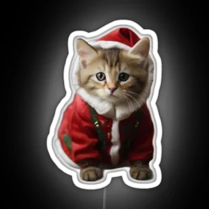 A Little Cat Wearing Papa Noel Hat In A Christmas Outfit RGB Neon Sign