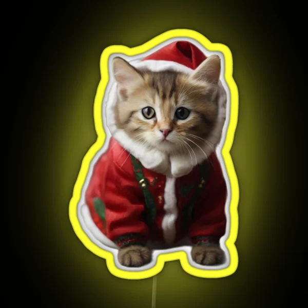 A Little Cat Wearing Papa Noel Hat In A Christmas Outfit RGB Neon Sign