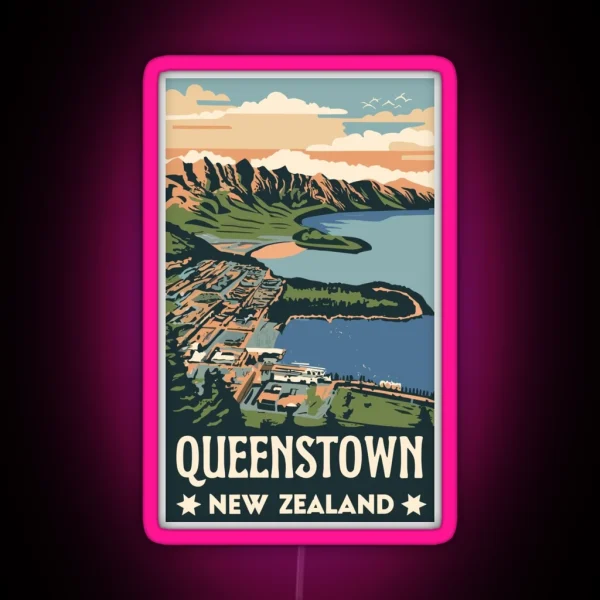 A Vintage Travel Art Of Queenstown New Zealand RGB Neon Sign