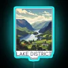 Whimsical vintage travel illustration of Lake District England in neon.