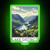 Neon lake district illustration vintage travel map poster art decorative sign.