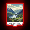 Whimsical vintage travel illustration of Lake District England's neon beauty