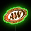 Glowing A&W Root Beer logo sign in vibrant rainbow colors