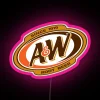 Vibrant colorful A&W Root Beer neon LED sign artwork display.