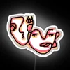 Neon LED light abstract art featuring colorful glowing human faces.