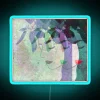 Whimsical abstract faces amidst vibrant leaves in RGB neon glow