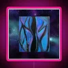Galactic Odyssey in Vibrant Blues and Neon Cosmic Signage Aesthetic