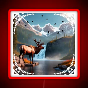 Abstract Landscape With Waterfall Snowy Peaks And Elk RGB Neon Sign