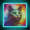 Neon sign featuring surreal, Dream-inspired cat abstraction in vibrant colors.