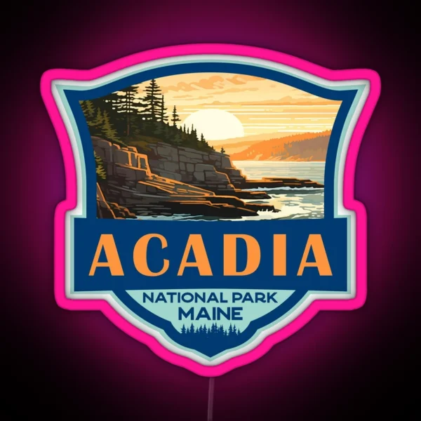 Acadia National Park Illustration Travel Retro Badge RGB Neon Sign