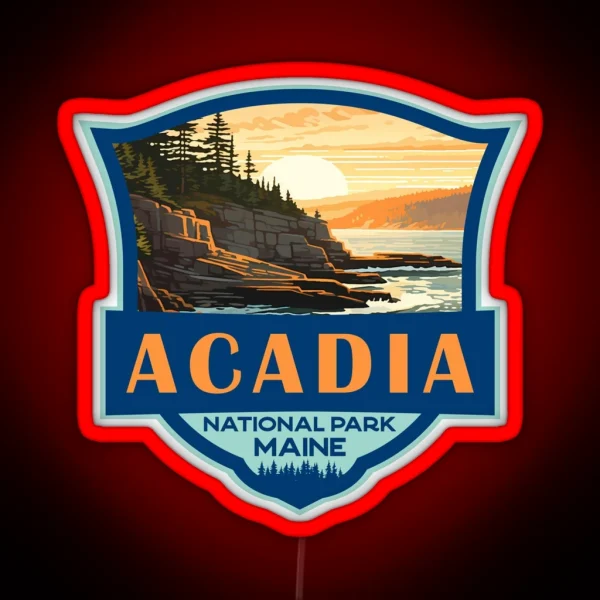 Acadia National Park Illustration Travel Retro Badge RGB Neon Sign