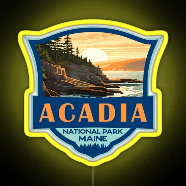 Acadia National Park Illustration Travel Retro Badge RGB Neon Sign