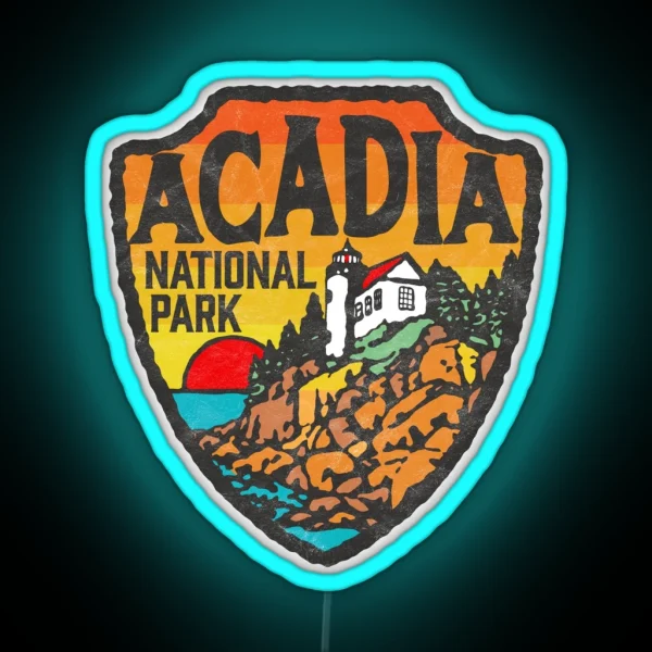 Acadia National Park Vintage Style Badge W Maine Coast And Lighthouse RGB Neon Sign