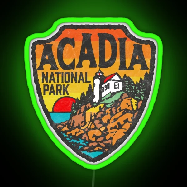 Acadia National Park Vintage Style Badge W Maine Coast And Lighthouse RGB Neon Sign