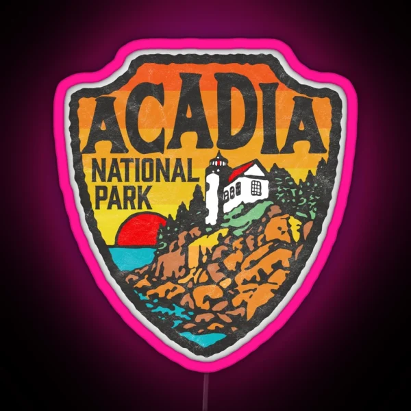 Acadia National Park Vintage Style Badge W Maine Coast And Lighthouse RGB Neon Sign