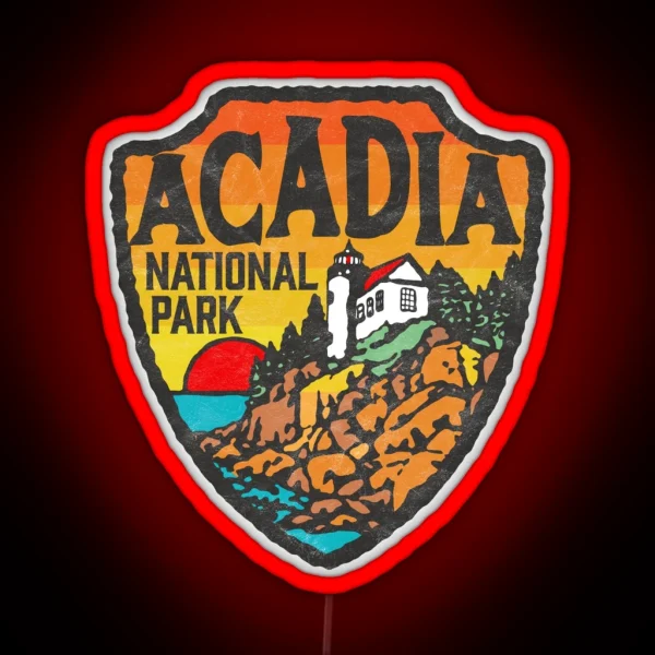 Acadia National Park Vintage Style Badge W Maine Coast And Lighthouse RGB Neon Sign