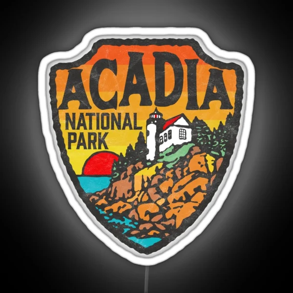 Acadia National Park Vintage Style Badge W Maine Coast And Lighthouse RGB Neon Sign